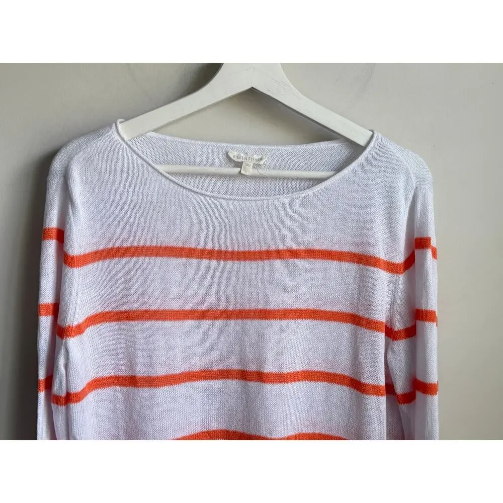 Eileen Fisher 100% Linen Striped Long Sleeve Pullover Sweater White Orange Small